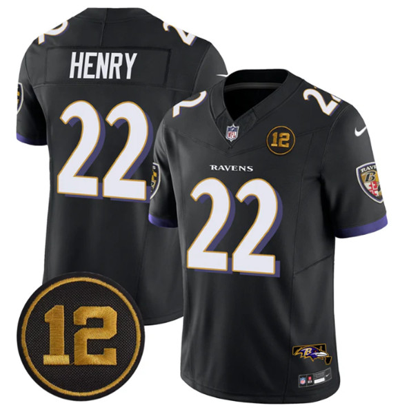 Men's Baltimore Ravens #22 Derrick Henry Black 2025 F.U.S.E. Jacoby Jones Patch Vapor Limited Football Jersey